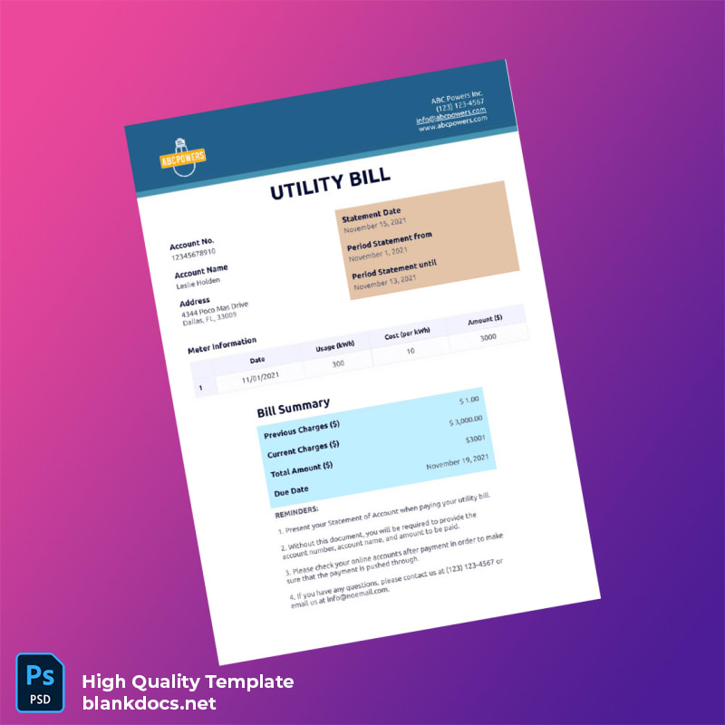 United States Editable Utility Bill Template in Word and PDF formats