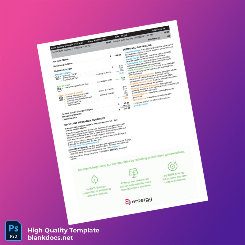 United States Entergy Arkansas LLC Editable Electricity Bill Template in Word and PDF formats page 2