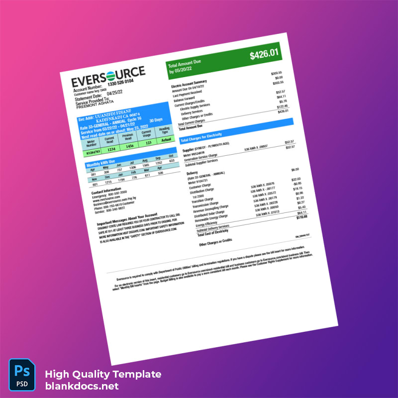 United States Eversource Editable Electricity Bill Template in Word and PDF formats page 2