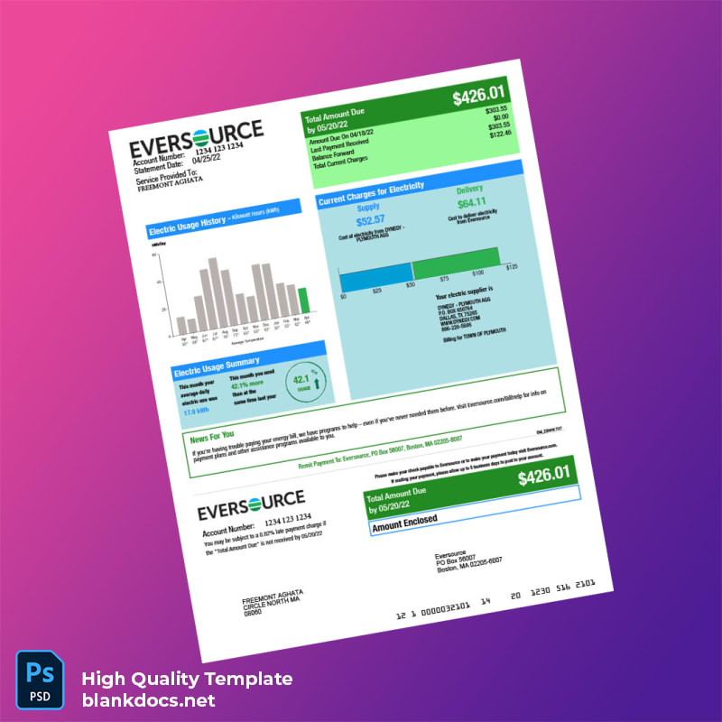 United States Eversource Editable Electricity Bill Template in Word and PDF formats