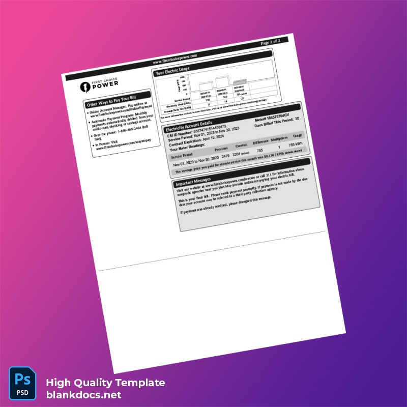 United States First Choice Power Editable Electricity Bill Template in Word and PDF formats page 2