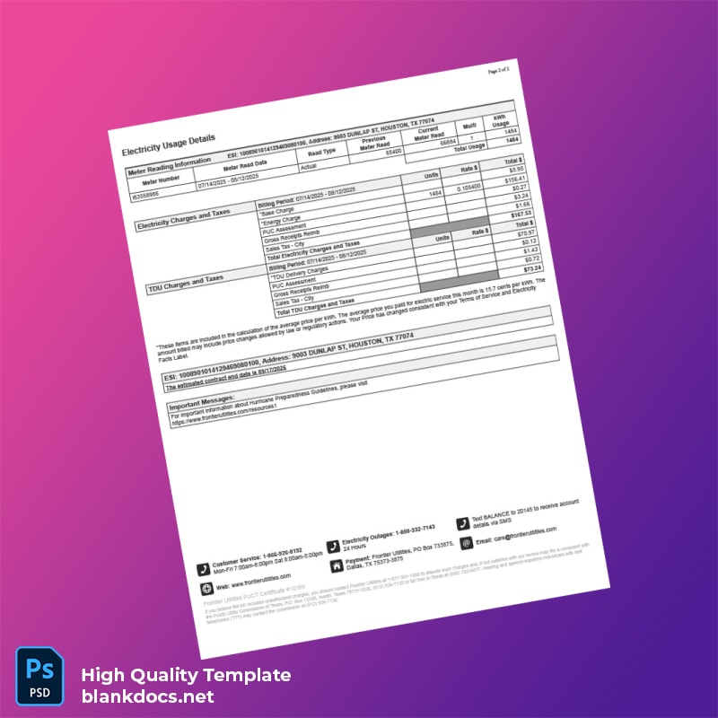 United States Frontier Utilities Editable Utility Bill Template in Word and PDF formats page 2