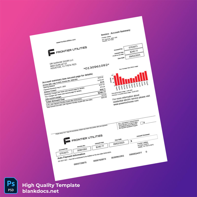 United States Frontier Utilities Editable Utility Bill Template in Word and PDF formats