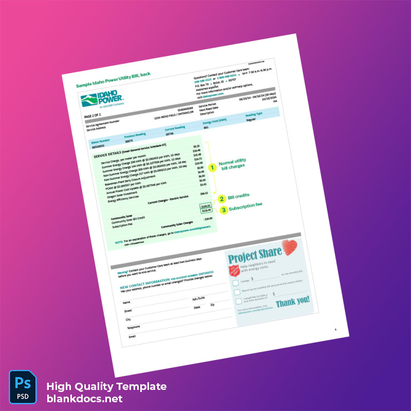 United States Idaho Power Editable Utility Bill Template in Word and PDF formats page 2