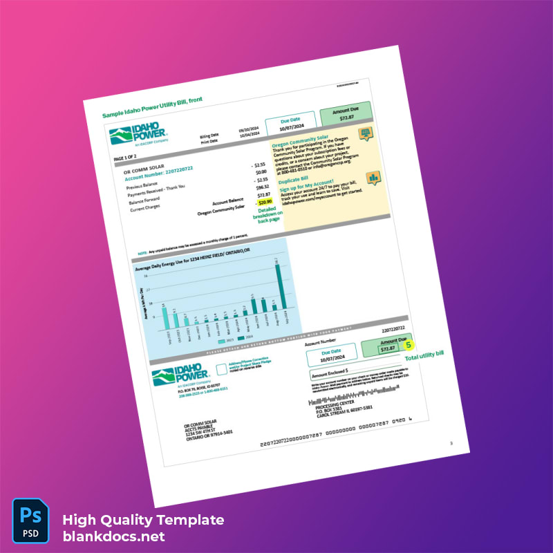 United States Idaho Power Editable Utility Bill Template in Word and PDF formats