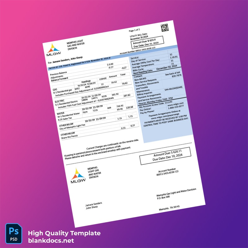 United States Memphis Light Gas And Water Division Editable Electricity Bill Template in Word and PDF formats