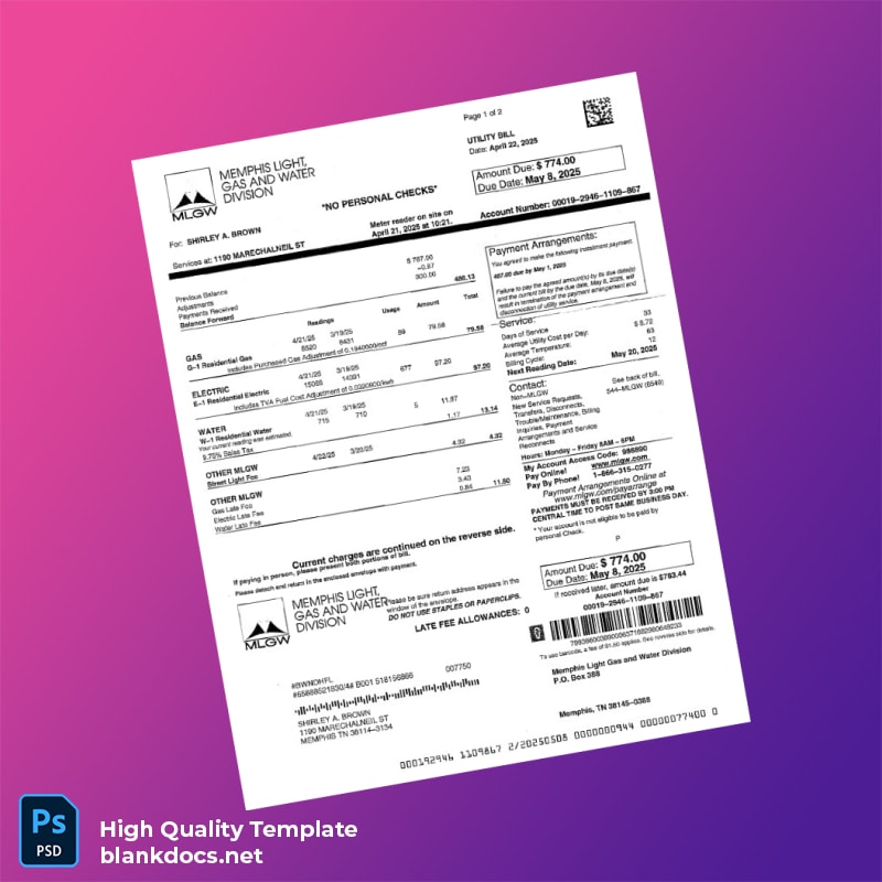 United States Memphis Light Gas And Water Division Editable Utility Bill Template in Word and PDF formats