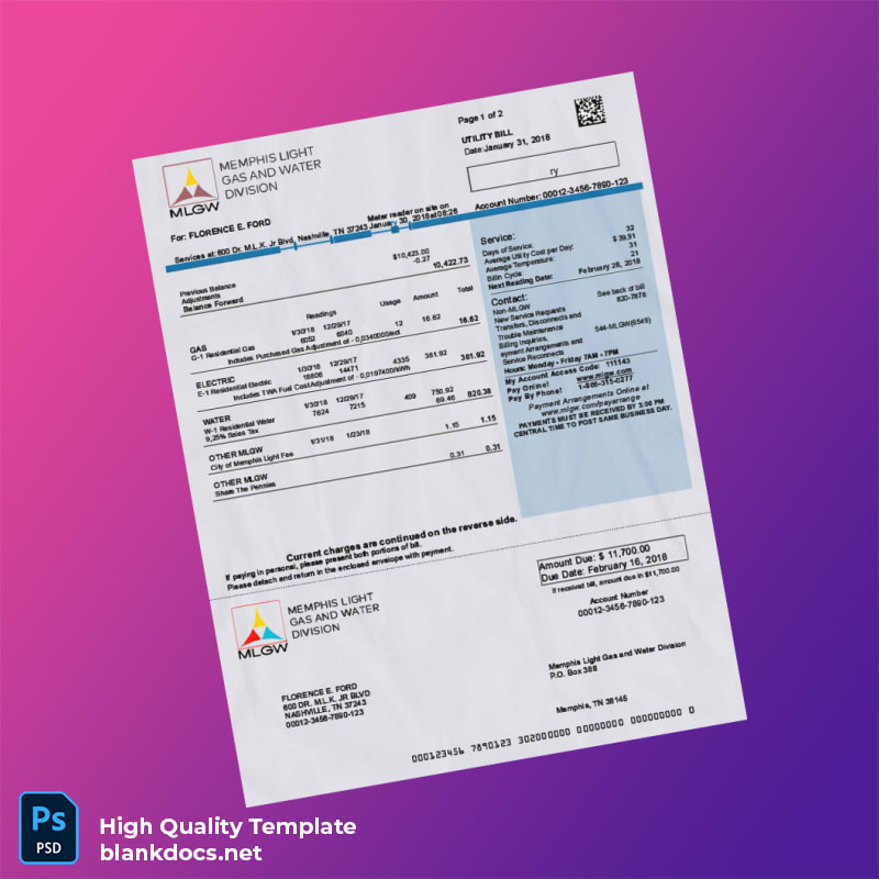 United States Memphis Light Gas And Water Division Editable Utility Bill Template in Word and PDF formats