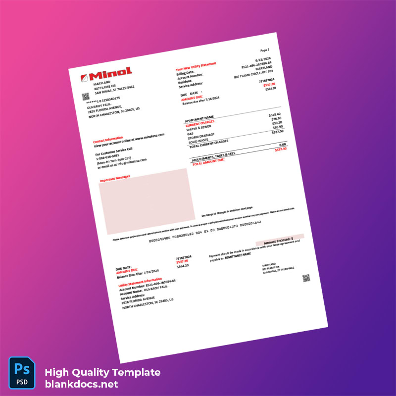 United States Minol USA Editable Utility Bill Template in Word and PDF formats