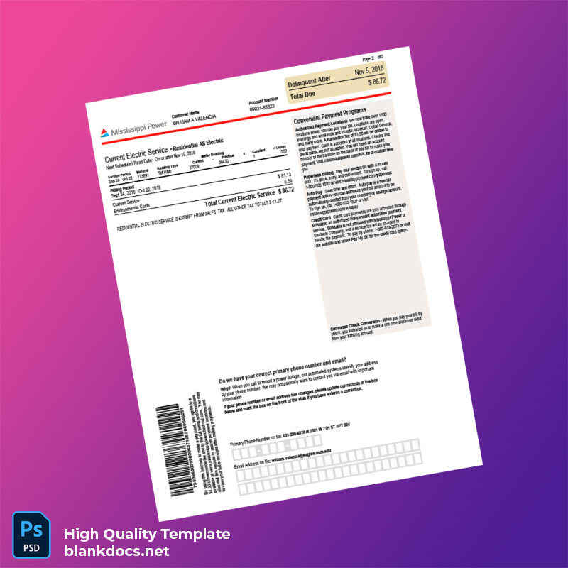 United States Mississippi Power Editable Electricity Bill Template in Word and PDF formats page 2