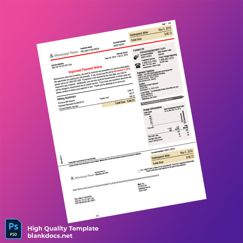 United States Mississippi Power Editable Electricity Bill Template in Word and PDF formats