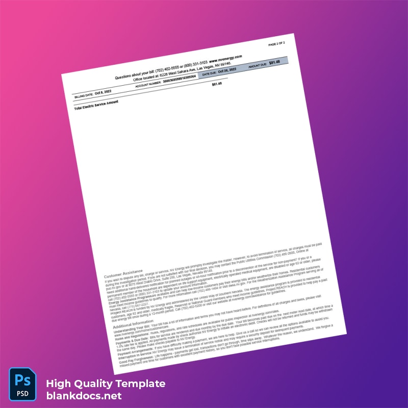 United States NV Energy Editable Electricity Bill Template in Word and PDF formats page 2
