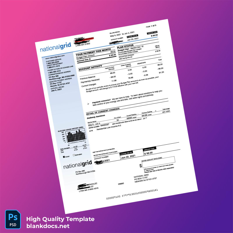 United States National Grid Editable Electricity Bill Template in Word and PDF formats