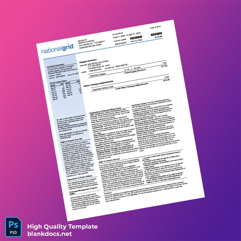 United States National Grid Editable Utility Bill Template in Word and PDF formats page 2