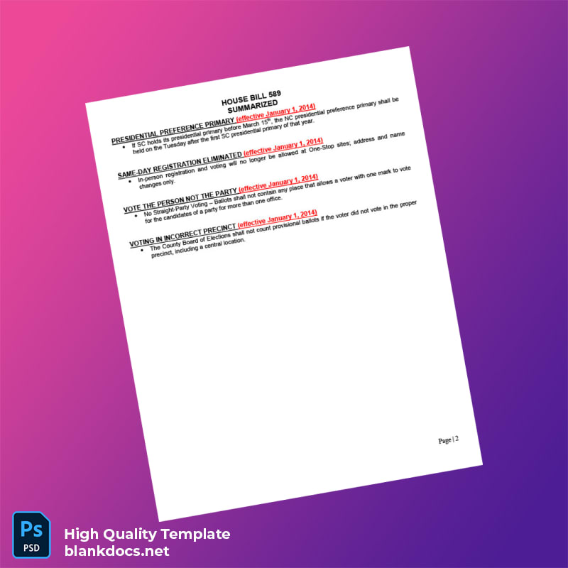 United States North Carolina General Assembly Editable Voting Inion Summary Template in Word and PDF formats page 2