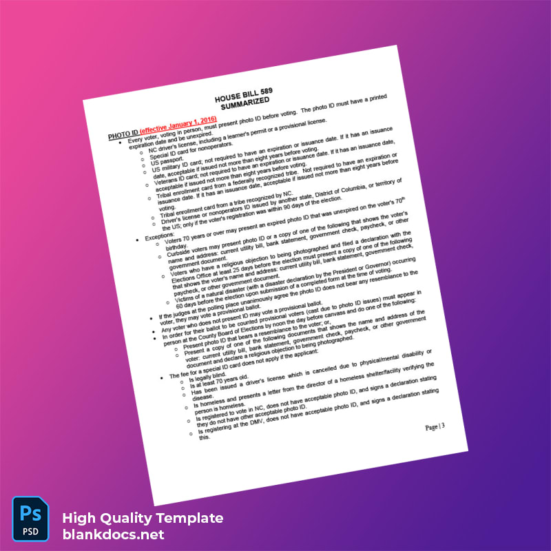 United States North Carolina General Assembly Editable Voting Inion Summary Template in Word and PDF formats page 3