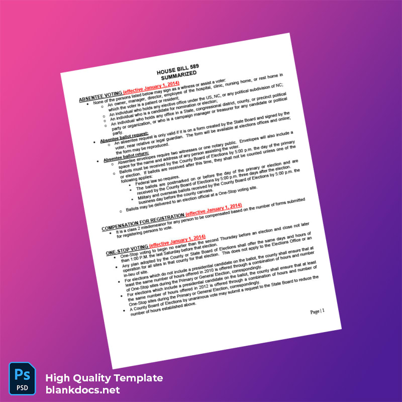 United States North Carolina General Assembly Editable Voting Inion Summary Template in Word and PDF formats