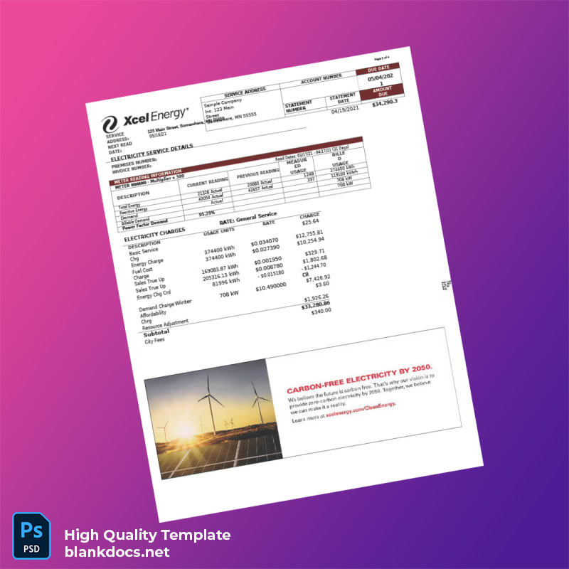 United States Northern States Power Company Editable Utility Bill Template in Word and PDF formats page 2