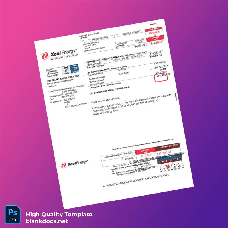 United States Northern States Power Company Editable Utility Bill Template in Word and PDF formats