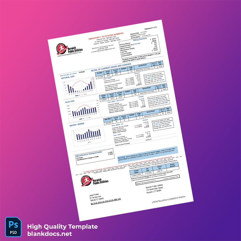 United States Norwich Public Utilities Editable Utility Bill Template in Word and PDF formats