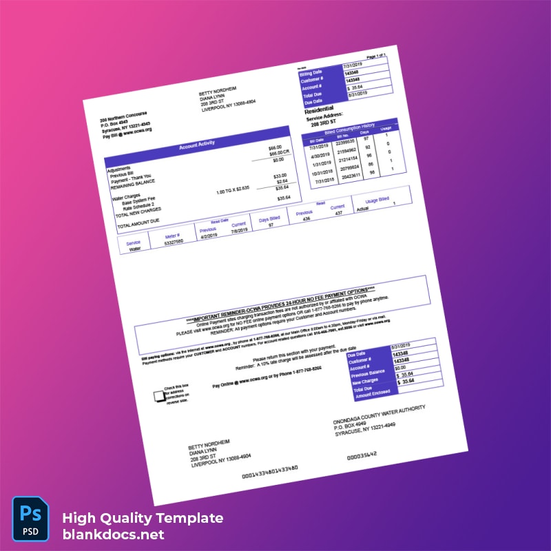 United States Onondaga County Water Authority Editable Water Bill Template in Word and PDF formats