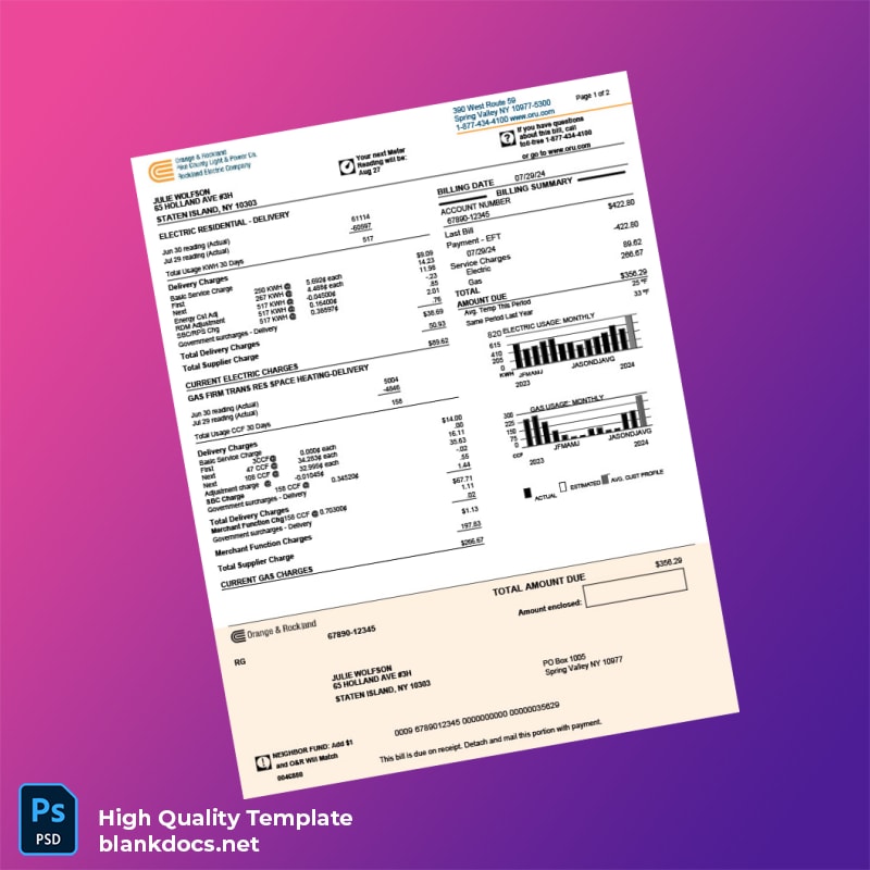 United States Orange Rockland Editable Utility Bill Template in Word and PDF formats