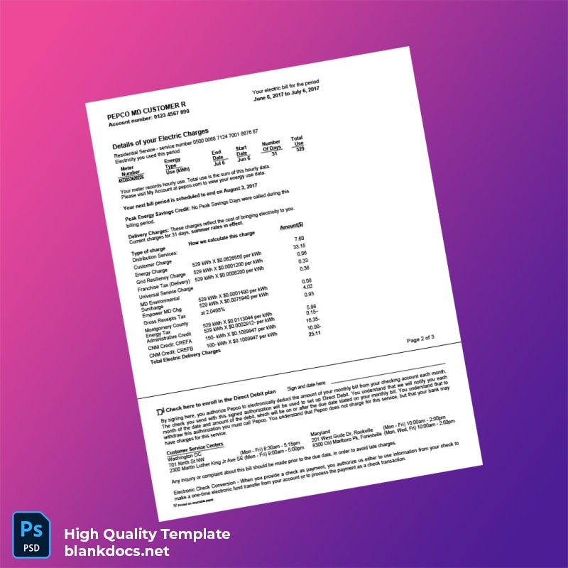 United States PEPCO Editable Electricity Bill Template in Word and PDF formats page 2