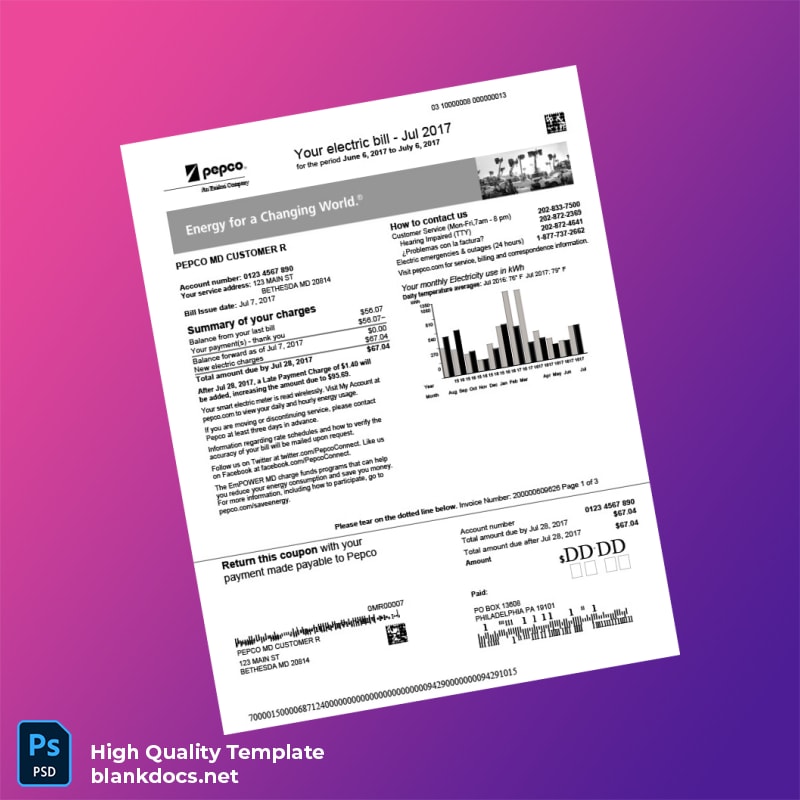 United States PEPCO Editable Electricity Bill Template in Word and PDF formats