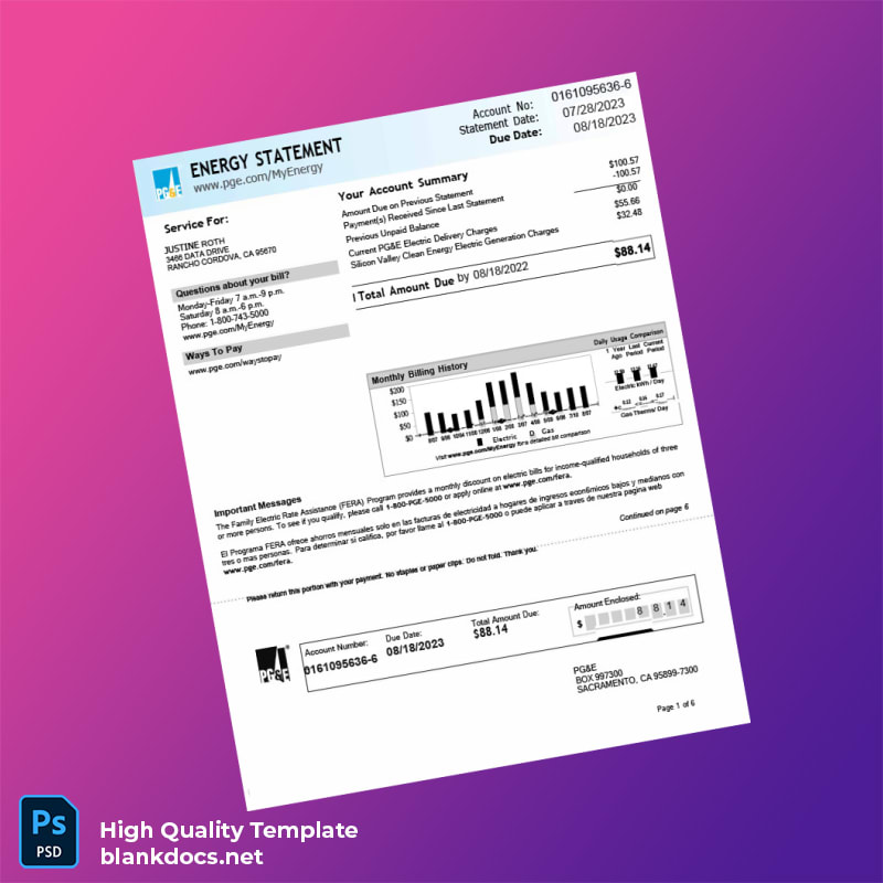 United States PG E Editable Bank Statement Template in Word and PDF formats