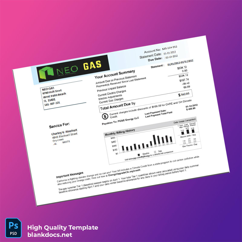 United States PG E Energy LLC Editable Utility Bill Template in Word and PDF formats