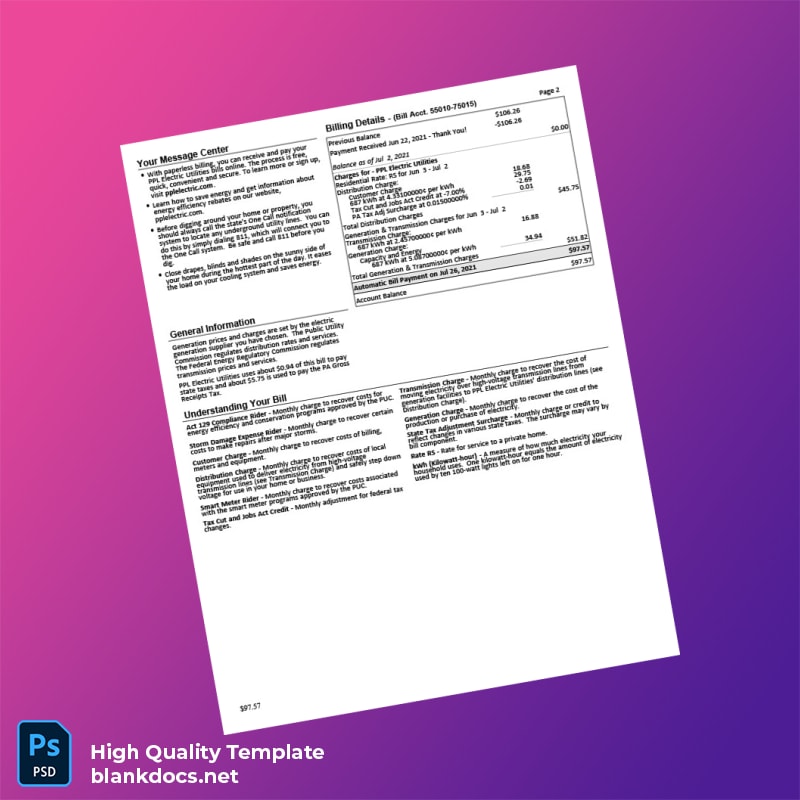 United States PPL Electric Utilities Editable Electricity Bill Template in Word and PDF formats page 2
