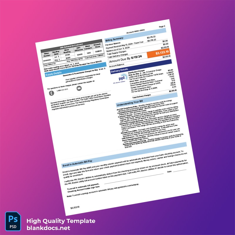 United States PPL Electric Utilities Editable Utility Bill Template in Word and PDF formats page 2