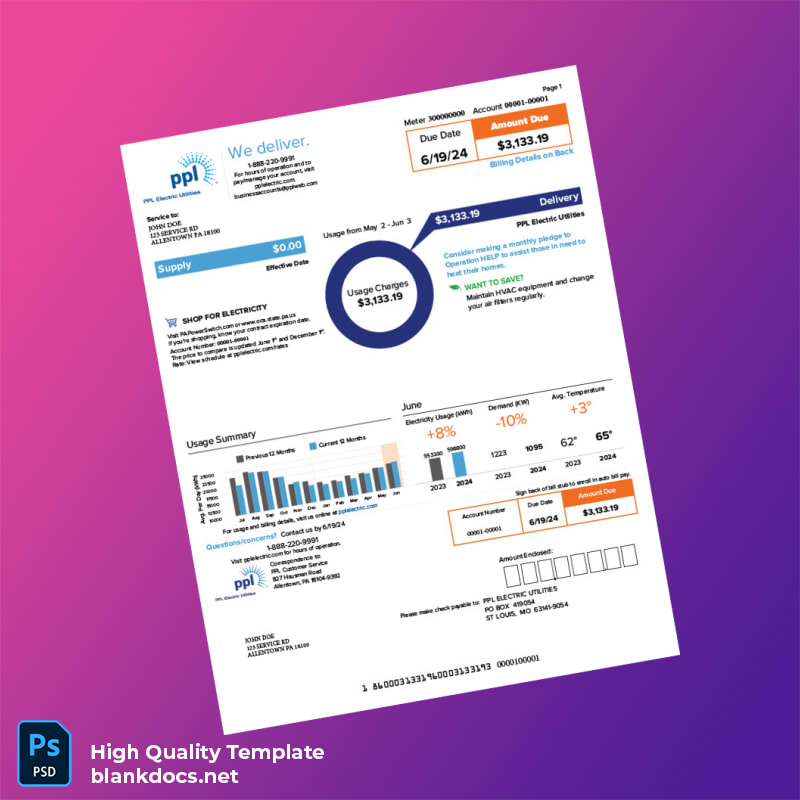 United States PPL Electric Utilities Editable Utility Bill Template in Word and PDF formats