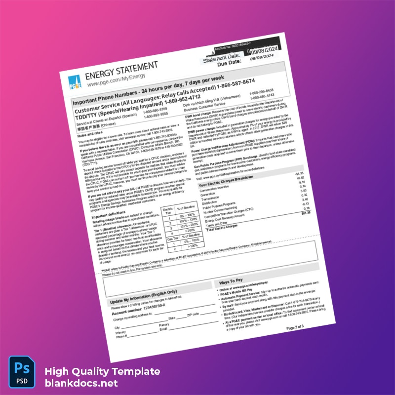 United States Pacific Gas And Electric Company Editable Bank Statement Template in Word and PDF formats page 2