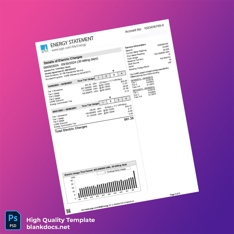 United States Pacific Gas And Electric Company Editable Bank Statement Template in Word and PDF formats page 3