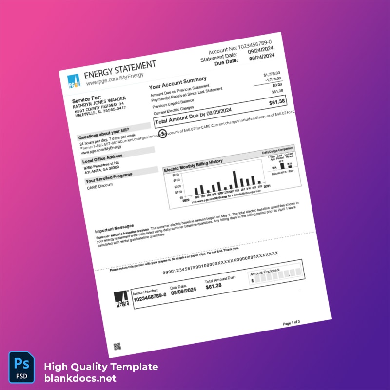 United States Pacific Gas And Electric Company Editable Bank Statement Template in Word and PDF formats