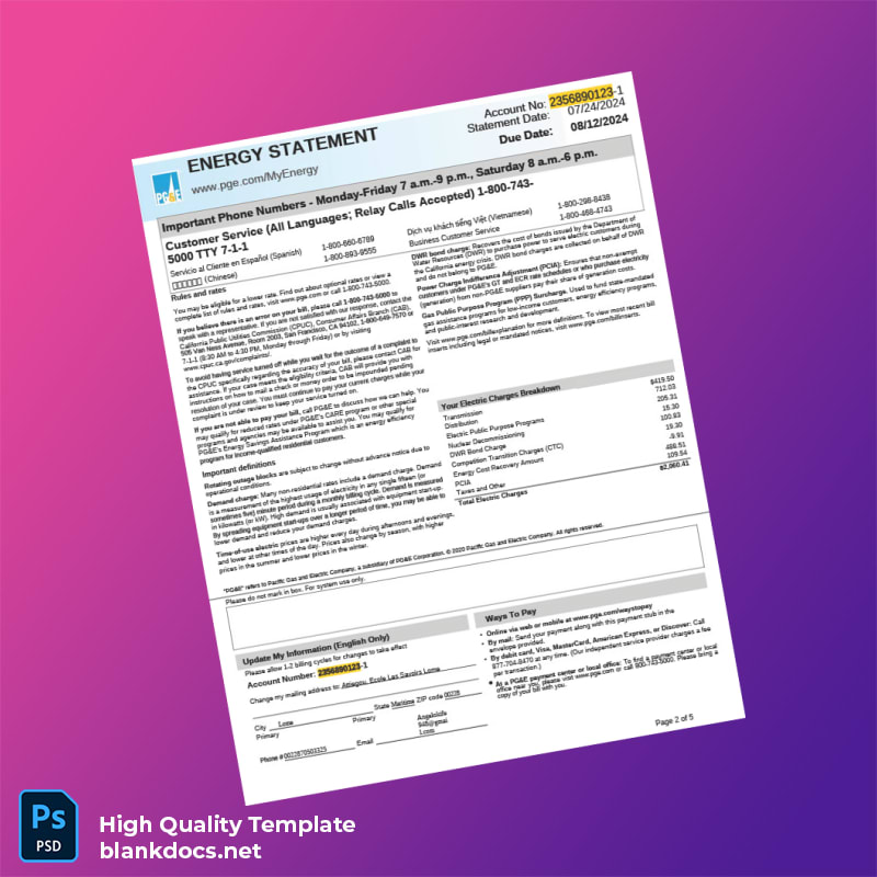 United States Pacific Gas And Electric Company Editable Utility Bill Template in Word and PDF formats page 2