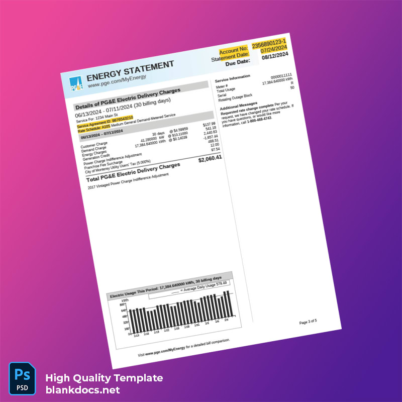 United States Pacific Gas And Electric Company Editable Utility Bill Template in Word and PDF formats page 3