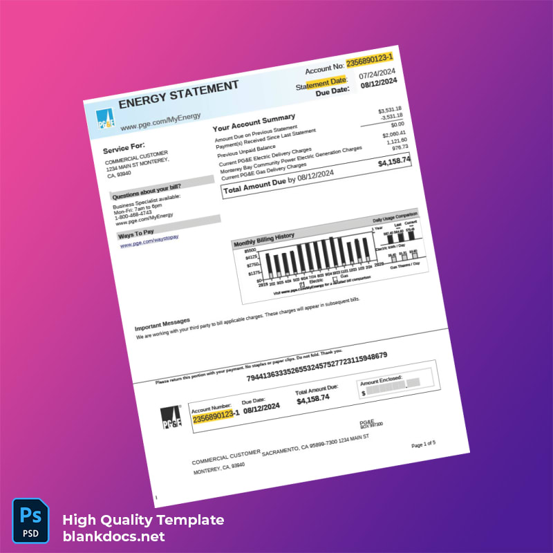 United States Pacific Gas And Electric Company Editable Utility Bill Template in Word and PDF formats