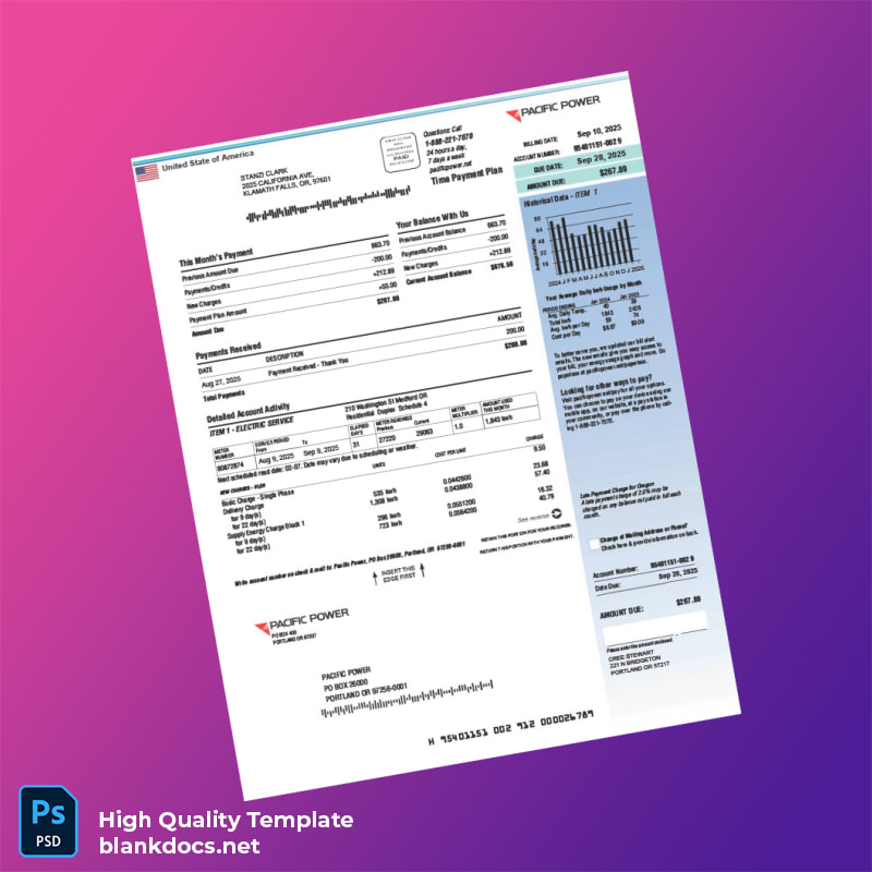 United States Pacific Power Editable Utility Bill Template in Word and PDF formats