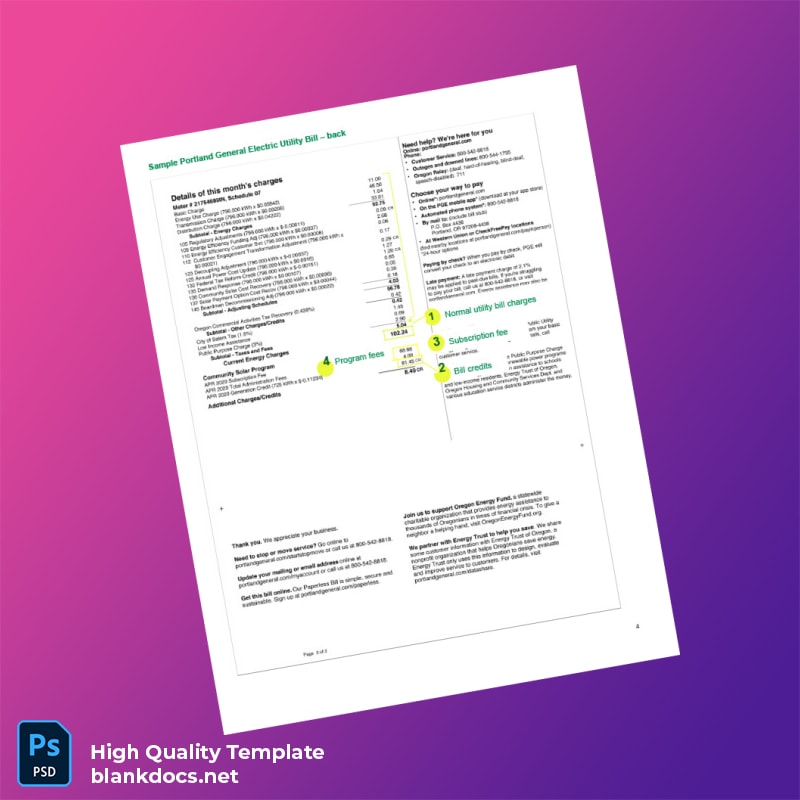United States Portland General Electric Editable Utility Bill Template in Word and PDF formats page 2