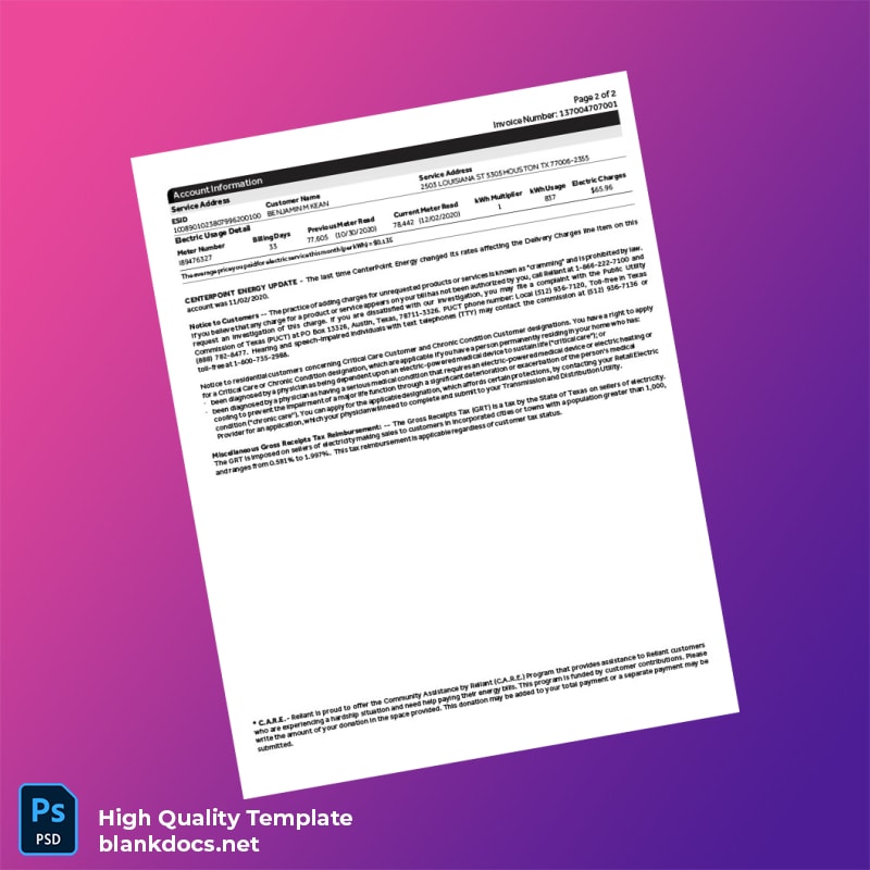 United States Reliant Energy Retail Services LLC Editable Electricity Bill Template in Word and PDF formats page 2