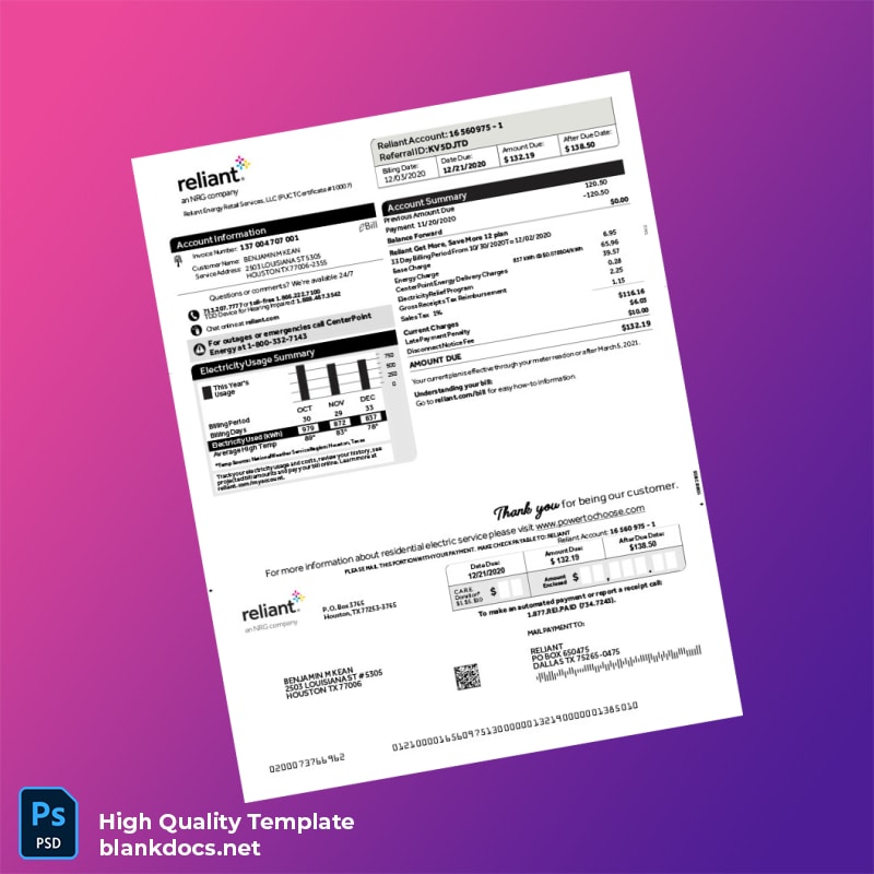United States Reliant Energy Retail Services LLC Editable Electricity Bill Template in Word and PDF formats