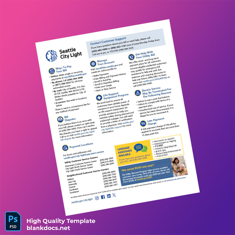 United States Seattle City Light Editable Electricity Bill Template in Word and PDF formats page 2