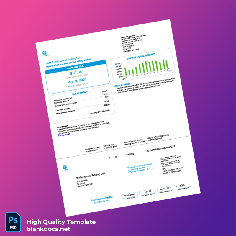 United States Shafiey Global Trading LLC Editable Utility Bill Template in Word and PDF formats