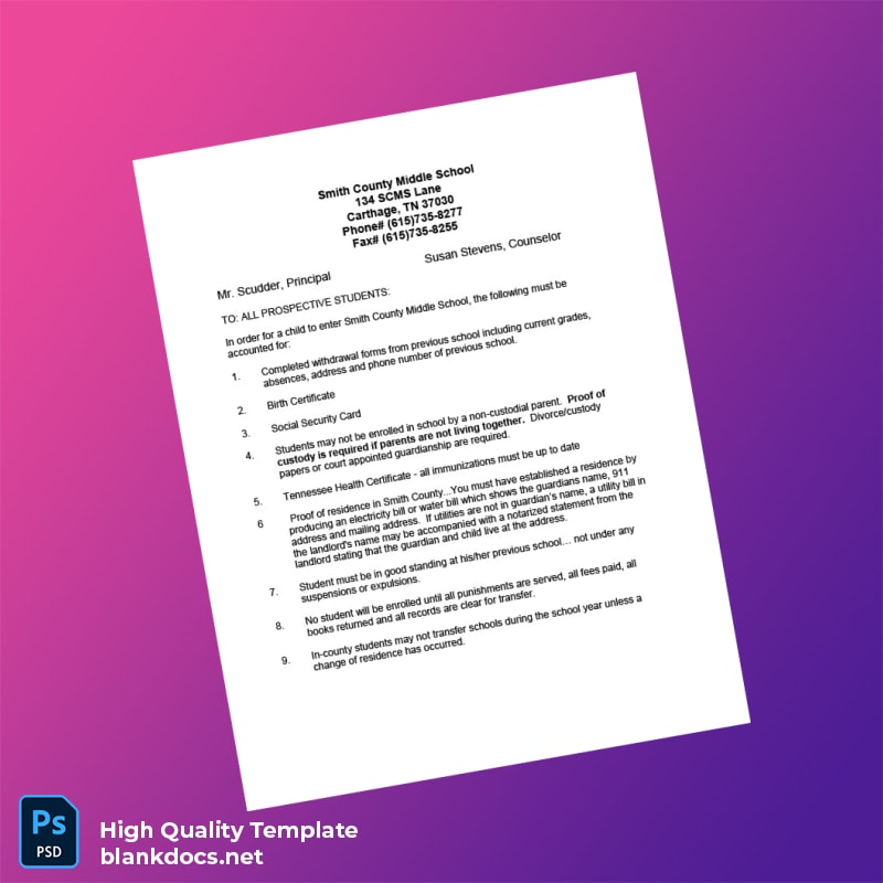 United States Smith County Middle School Editable Enrollment Guide Template in Word and PDF formats