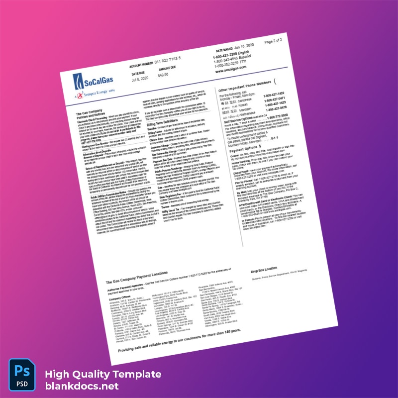 United States SoCalGas Editable Gas Bill Template in Word and PDF formats page 2