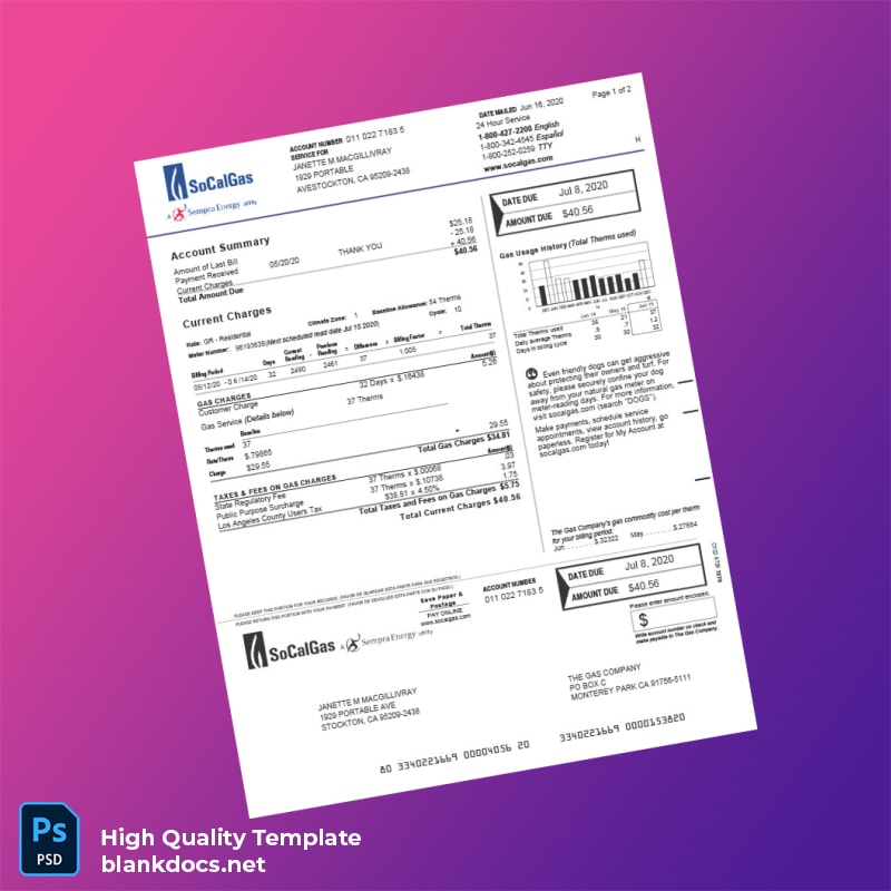 United States SoCalGas Editable Gas Bill Template in Word and PDF formats