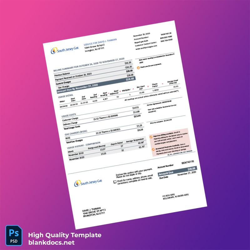 United States South Jersey Gas Editable Utility Bill Template in Word and PDF formats