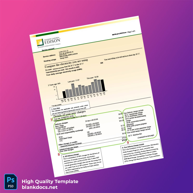 United States Southern California Edison Editable Electricity Bill Template in Word and PDF formats page 2